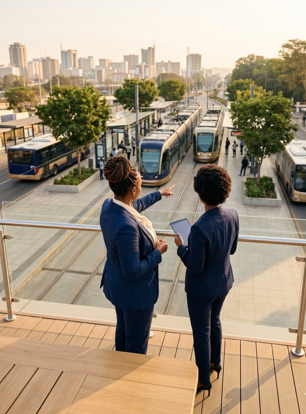 Two professionals overseeing a bus rapid transit station in an African city