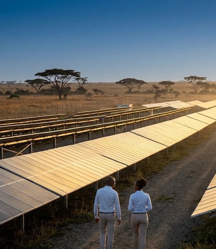 Solar farm panels stretching across a green landscape