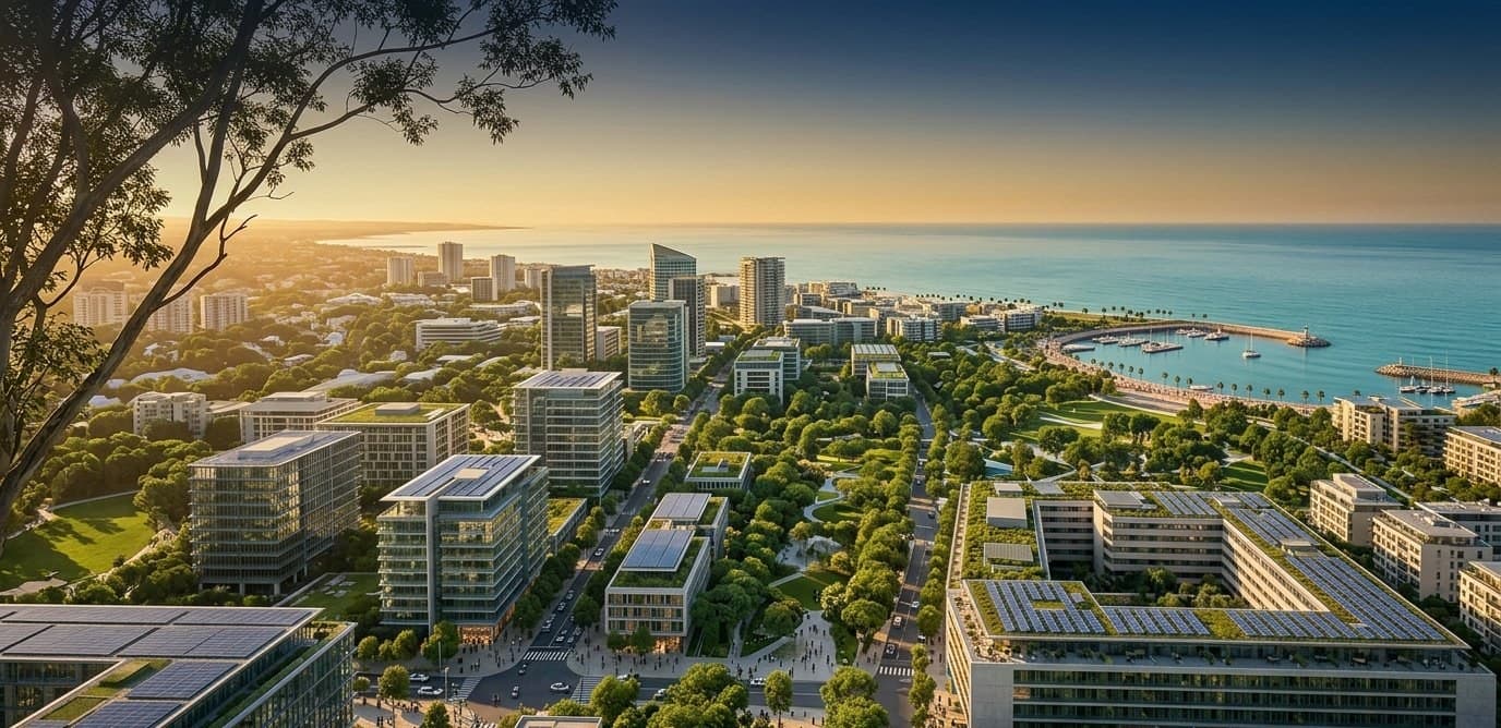Aerial view of a green coastal city skyline at dusk