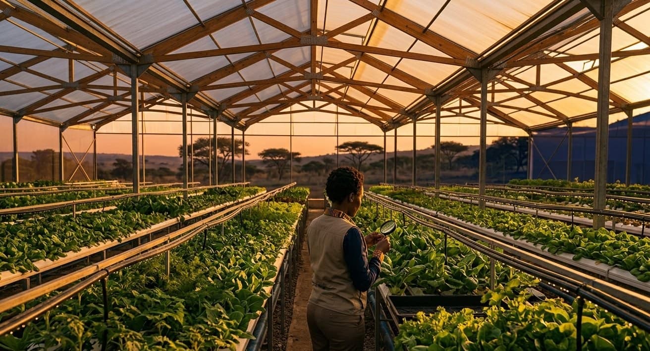 Rows of crops growing in a hydroponic greenhouse