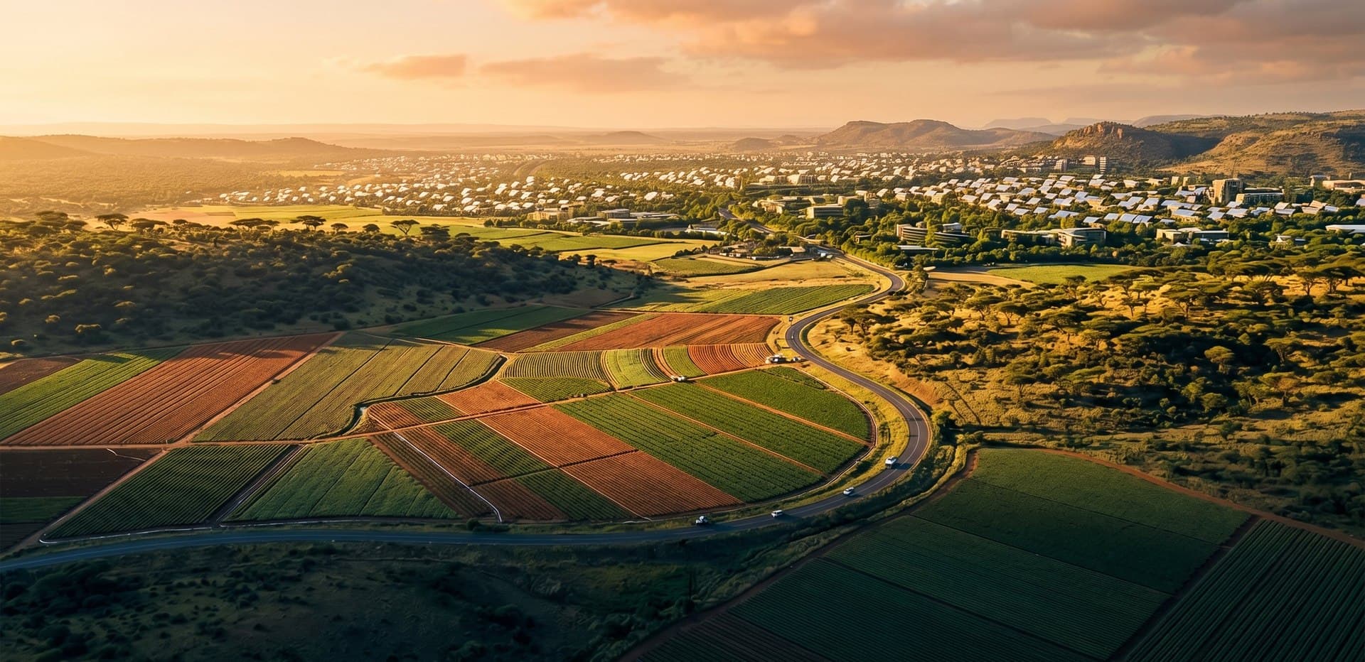 Aerial view of a green valley with patchwork farm fields